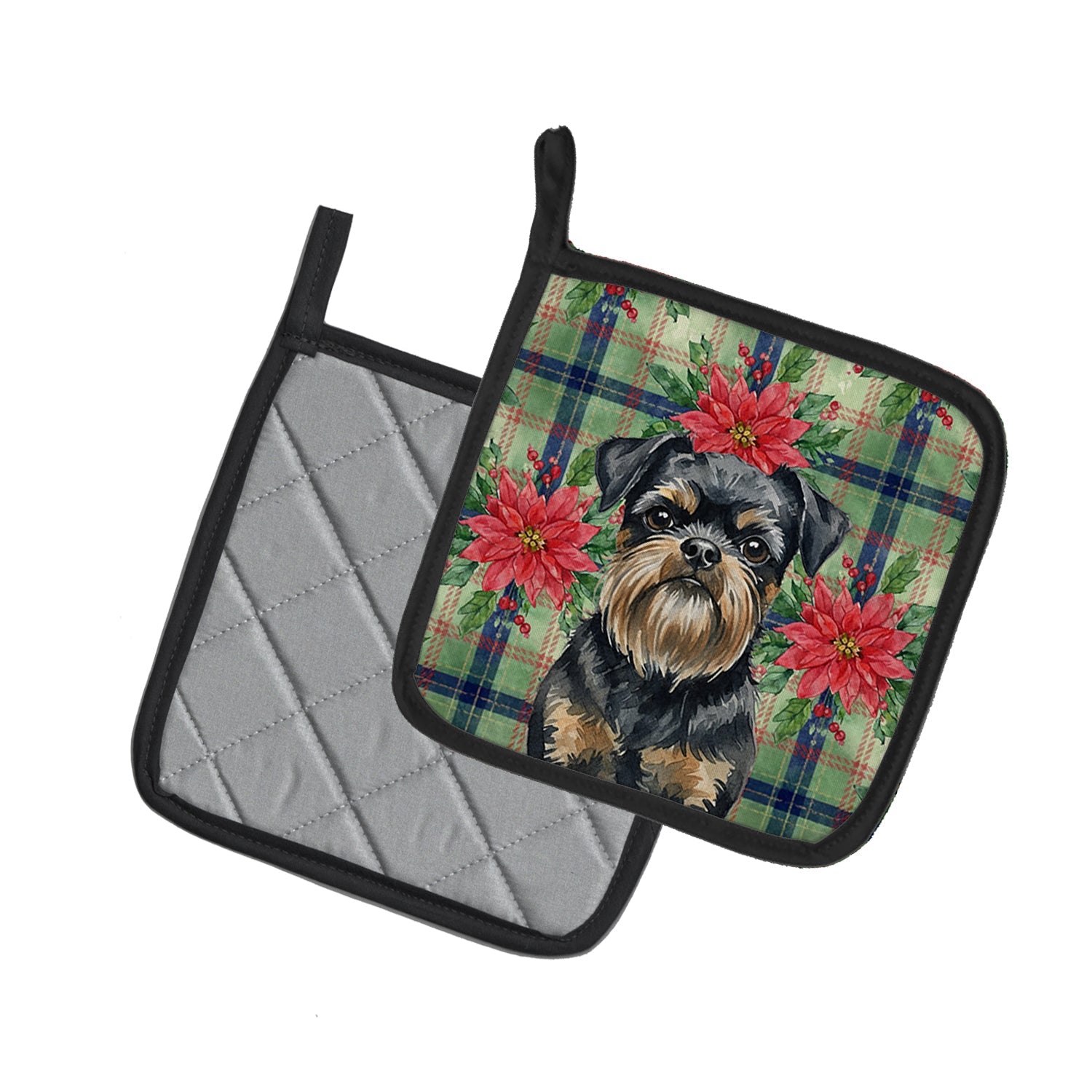 Black and Tan Brussels Griffon Christmas PoinsettIas Pot Holder Set of 2 Heat Resistant Quilted Hot Pads 7.5 x 7.5 Inch, Insulated Kitchen Trivets for Cooking & Baking