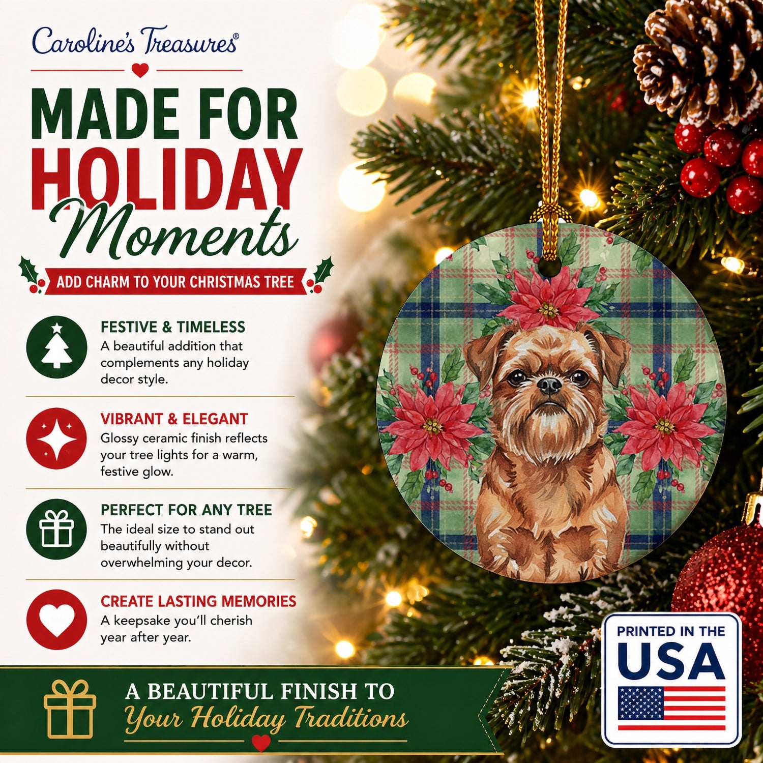 Red Brussels Griffon Christmas PoinsettIas Ceramic Ornament Christmas Tree Hanging Decorations for Home Christmas Holiday, Party, Gift, 3 in, Multicolor