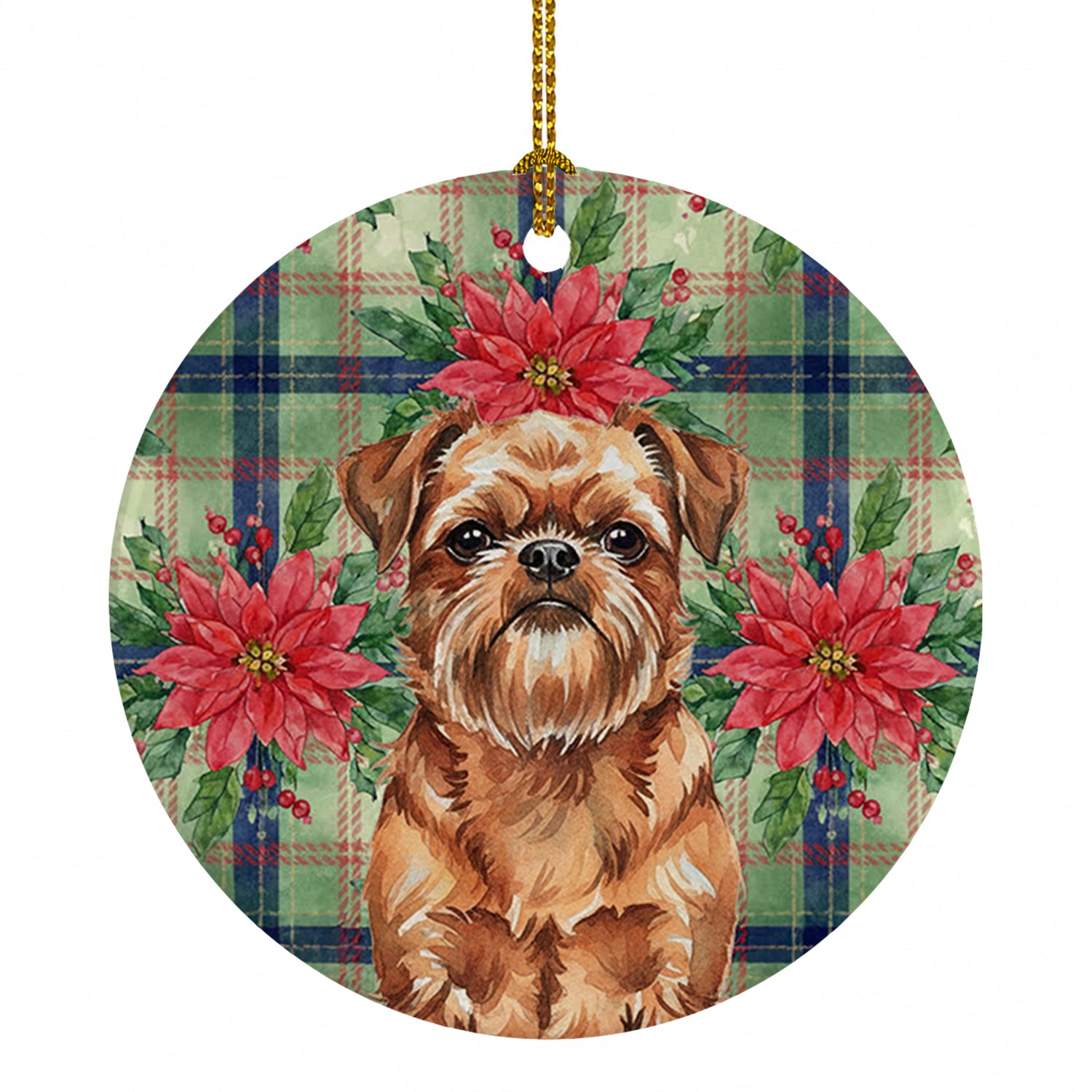Red Brussels Griffon Christmas PoinsettIas Ceramic Ornament Christmas Tree Hanging Decorations for Home Christmas Holiday, Party, Gift, 3 in, Multicolor