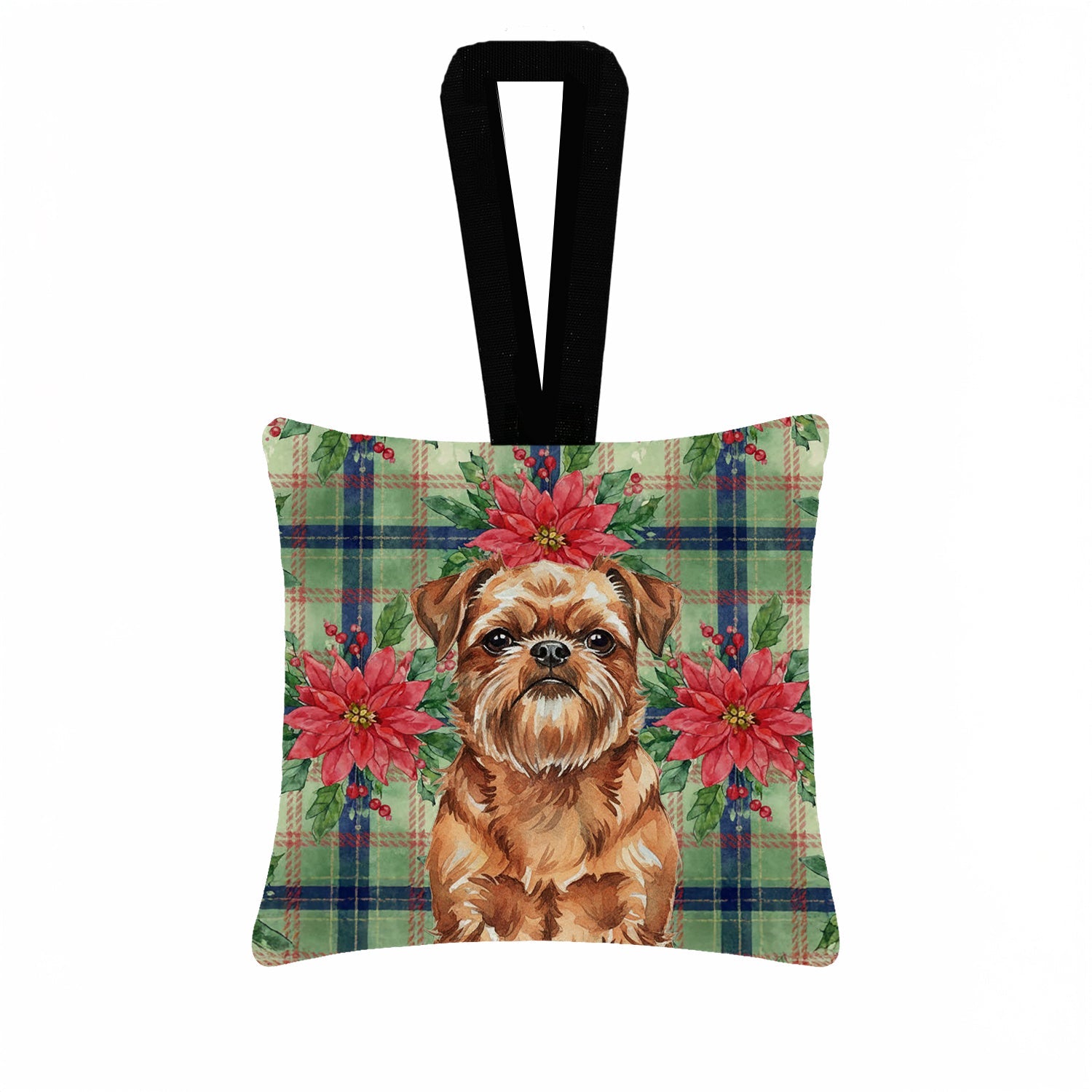 Red Brussels Griffon Christmas PoinsettIas Hanging Square Fabric Ornament 3.5 � 3.5 Decorative Door-Knob & Tree Hanger, Soft Fabric