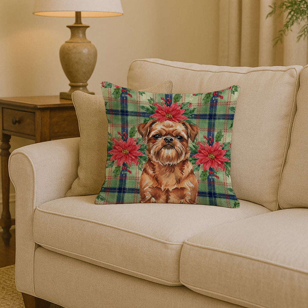 Red Brussels Griffon Christmas PoinsettIas Decorative Throw Pillow 14x14 Indoor Outdoor Accent Cushion, Fabric Cover with Insert for Sofa, Bed, Porch & Living Room
