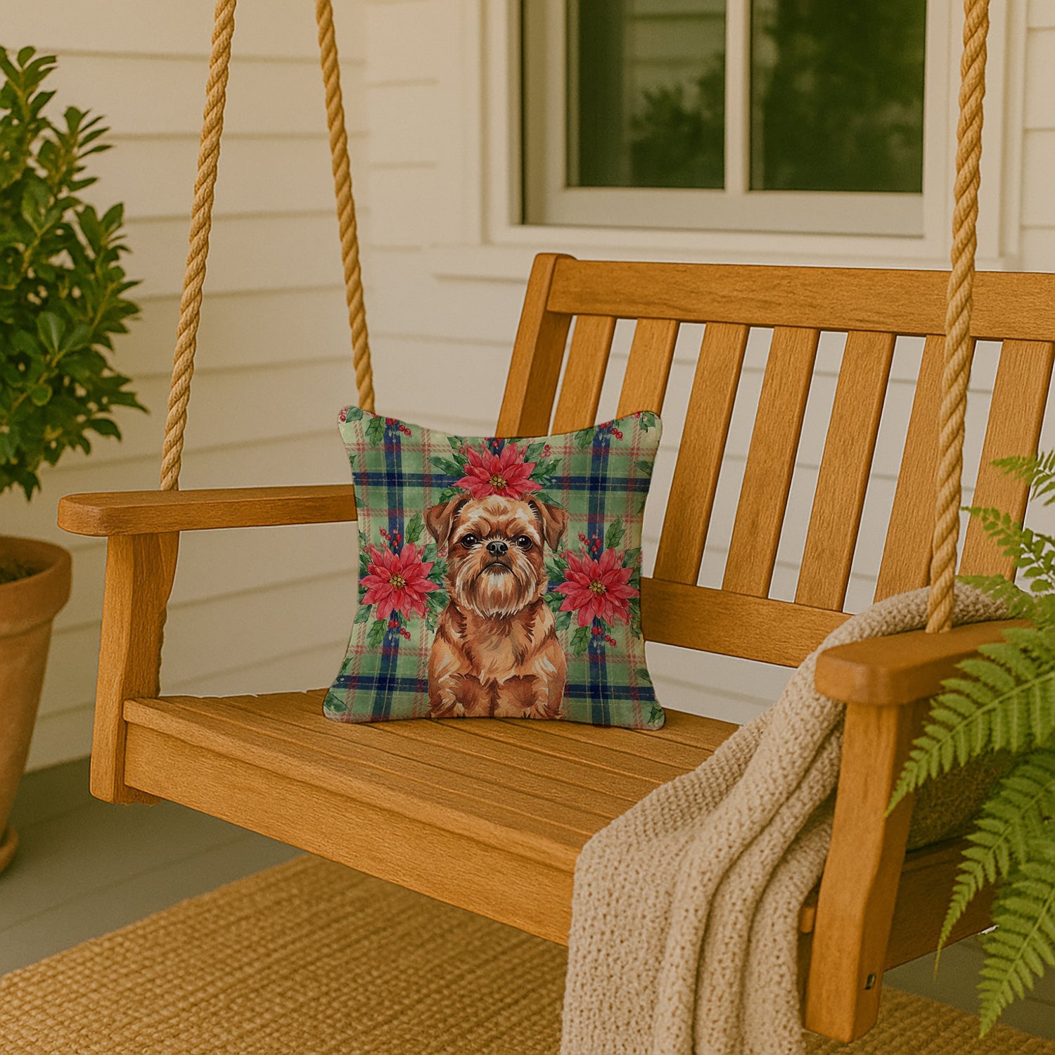 Red Brussels Griffon Christmas PoinsettIas Decorative Throw Pillow 14x14 Indoor Outdoor Accent Cushion, Fabric Cover with Insert for Sofa, Bed, Porch & Living Room