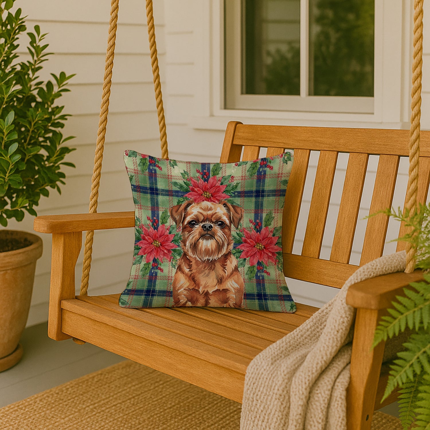 Red Brussels Griffon Christmas PoinsettIas Decorative Throw Pillow 18x18 Indoor Outdoor Accent Cushion, Fabric Cover with Insert for Sofa, Bed, Porch & Living Room
