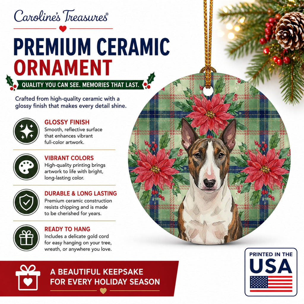 Brindle and White Bull Terrier Christmas PoinsettIas Ceramic Ornament Christmas Tree Hanging Decorations for Home Christmas Holiday, Party, Gift, 3 in, Multicolor
