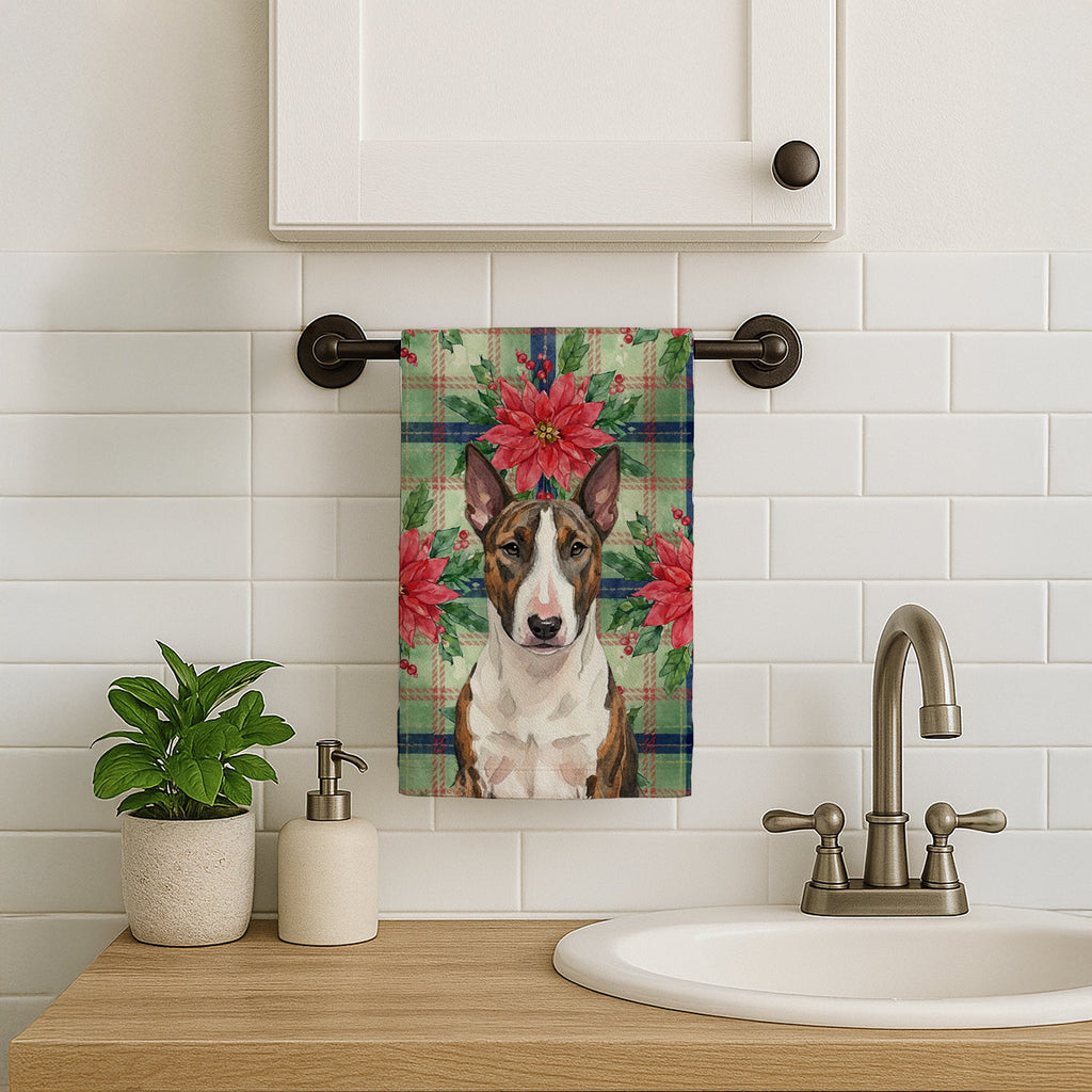 Brindle and White Bull Terrier Christmas PoinsettIas Kitchen Towel Velour Plush Front and Cotton Loop Back Machine Washable
