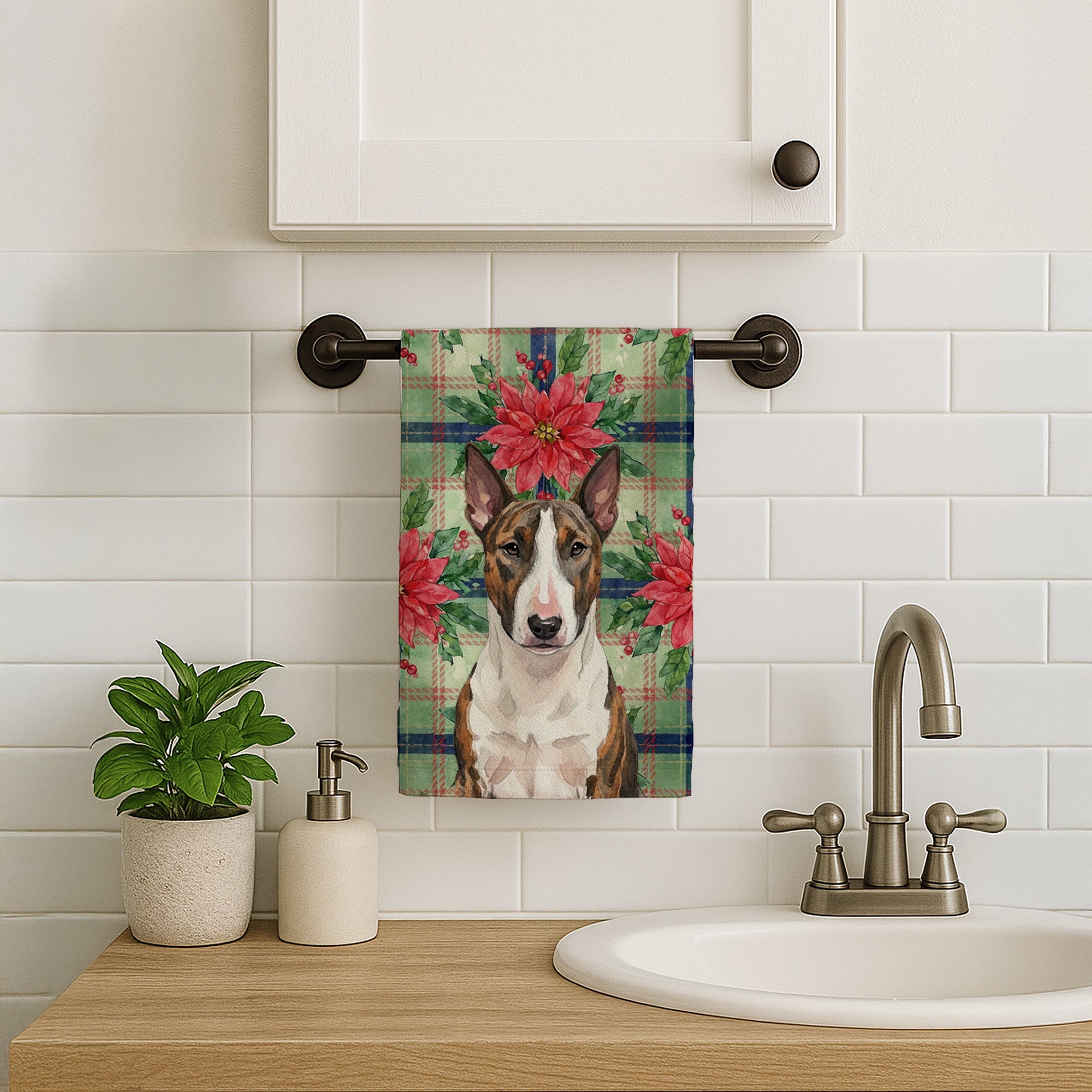 Brindle and White Bull Terrier Christmas PoinsettIas Kitchen Towel Velour Plush Front and Cotton Loop Back Machine Washable