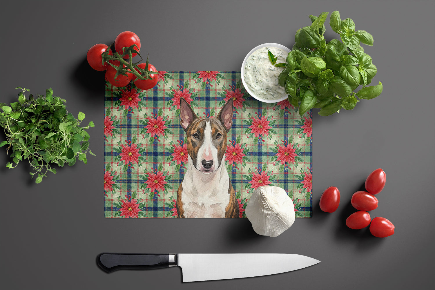 Brindle and White Bull Terrier Christmas PoinsettIas Cutting Board Tempered Glass Kitchen Cutting Surface, Heat Resistant Chopping, Non-Slip Feet, Food Prep & Serving