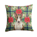 Brindle and White Bull Terrier Christmas PoinsettIas Decorative Throw Pillow 18x18 Indoor Outdoor Accent Cushion, Fabric Cover with Insert for Sofa, Bed, Porch & Living Room