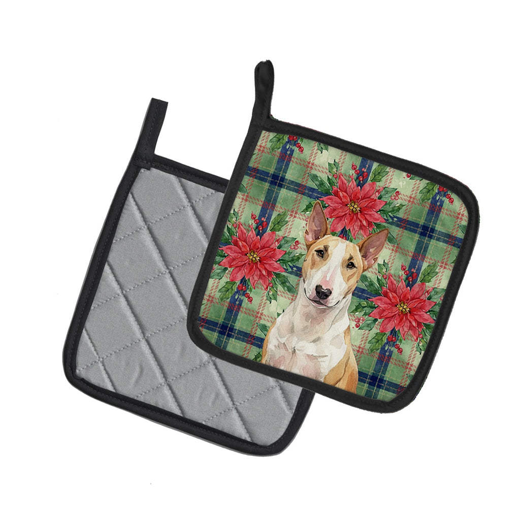 Fawn and White Bull Terrier Christmas PoinsettIas Pot Holder Set of 2 Heat Resistant Quilted Hot Pads 7.5 x 7.5 Inch, Insulated Kitchen Trivets for Cooking & Baking