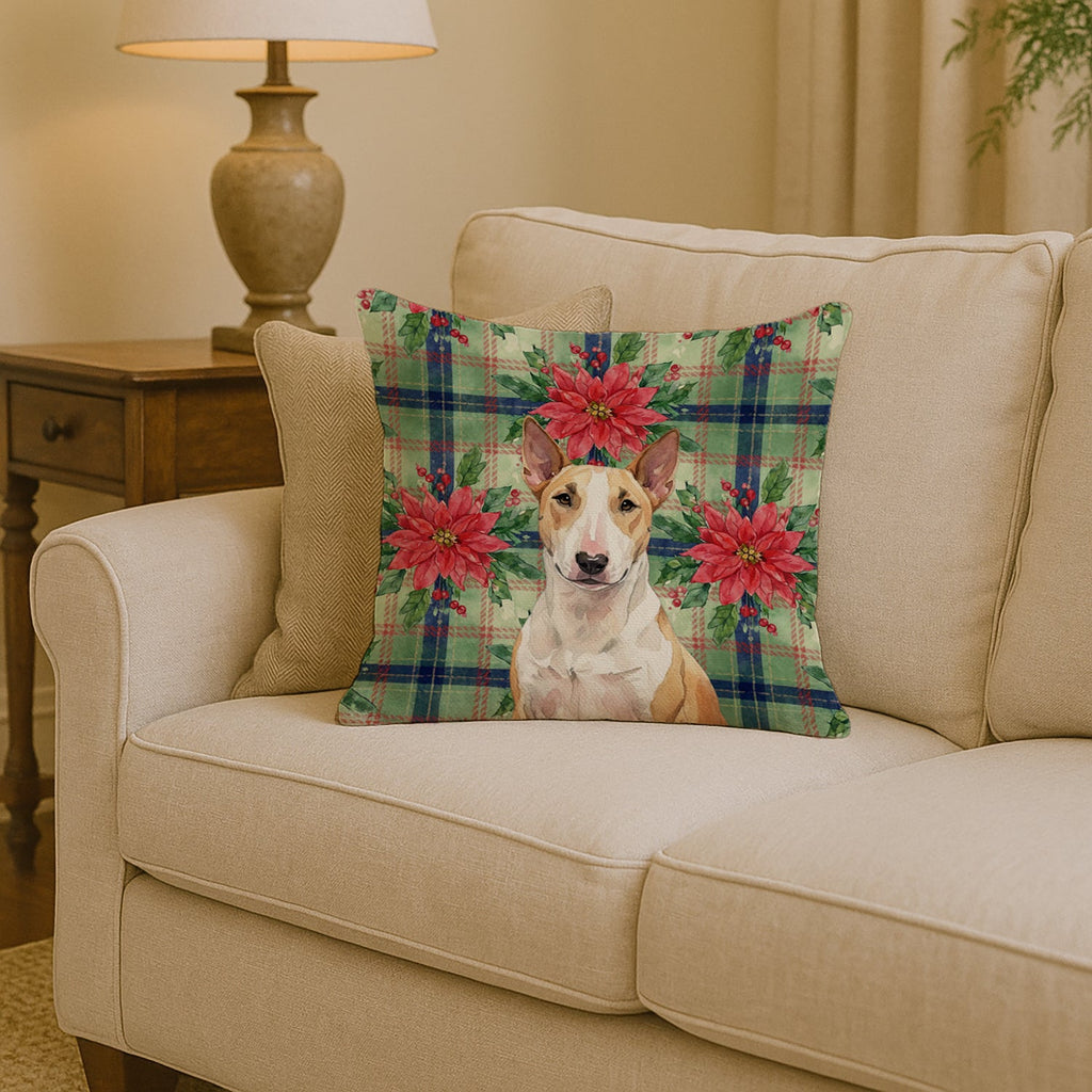 Fawn and White Bull Terrier Christmas PoinsettIas Decorative Throw Pillow 14x14 Indoor Outdoor Accent Cushion, Fabric Cover with Insert for Sofa, Bed, Porch & Living Room