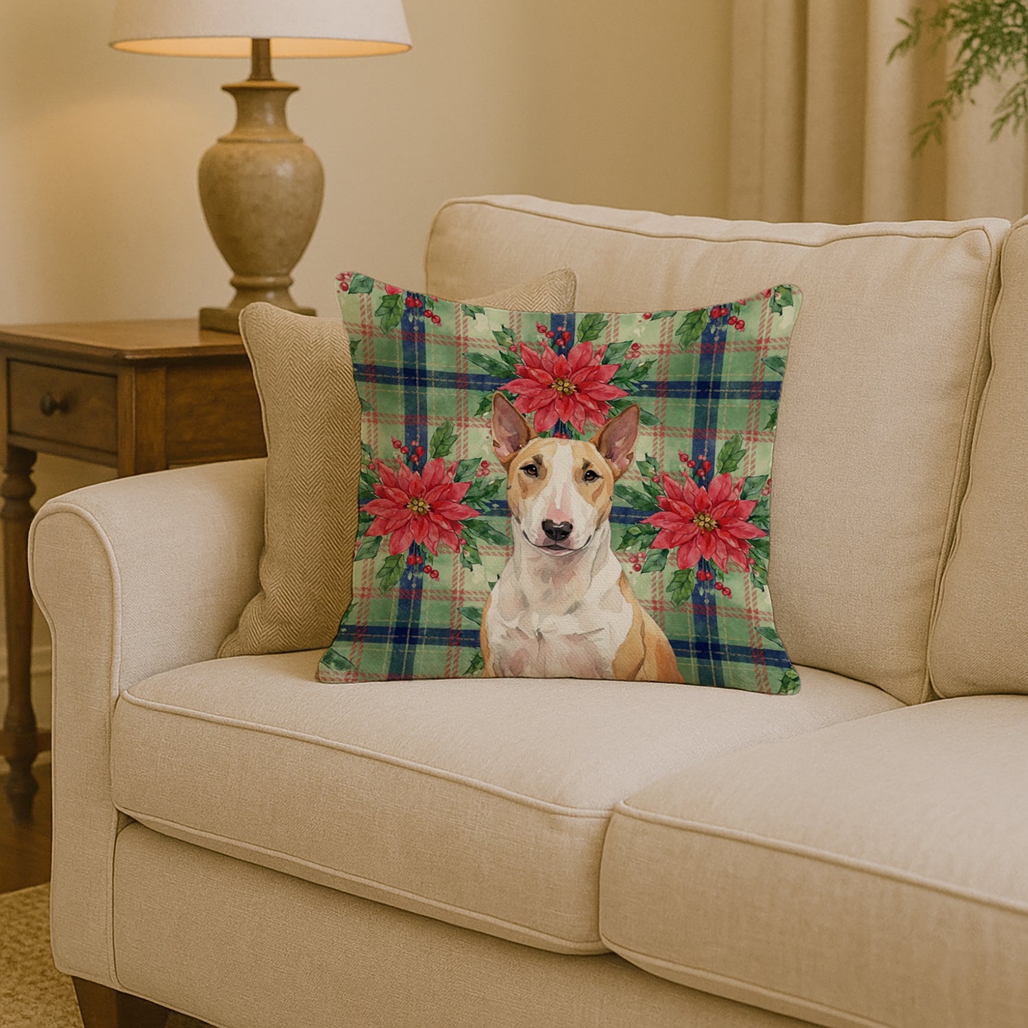Fawn and White Bull Terrier Christmas PoinsettIas Decorative Throw Pillow 14x14 Indoor Outdoor Accent Cushion, Fabric Cover with Insert for Sofa, Bed, Porch & Living Room