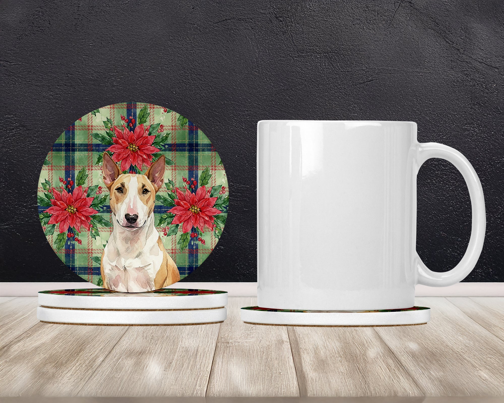 Fawn and White Bull Terrier Christmas PoinsettIas Large Sandstone Coasters Pack of 4 Absorbent Round Coasters Decor Gifts for Men or Women, 4 in, Multicolor