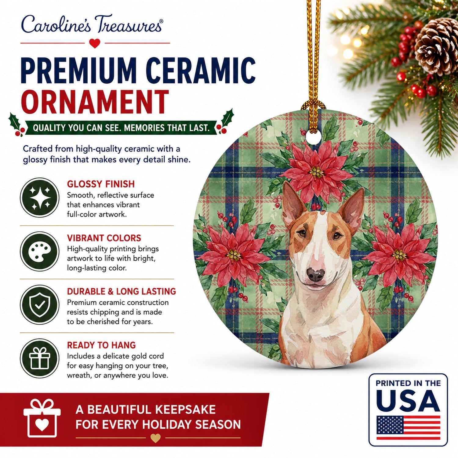 Red and White Bull Terrier Christmas PoinsettIas Ceramic Ornament Christmas Tree Hanging Decorations for Home Christmas Holiday, Party, Gift, 3 in, Multicolor