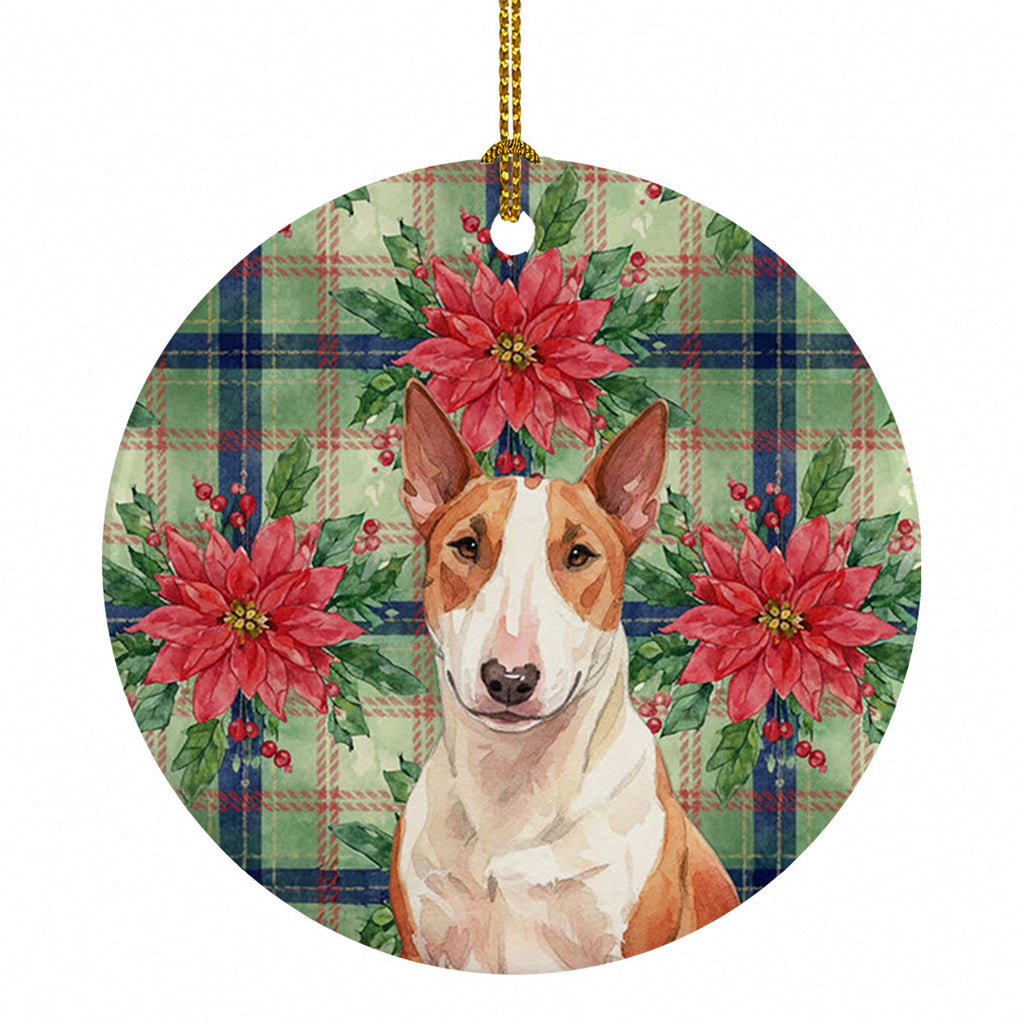Red and White Bull Terrier Christmas PoinsettIas Ceramic Ornament Christmas Tree Hanging Decorations for Home Christmas Holiday, Party, Gift, 3 in, Multicolor