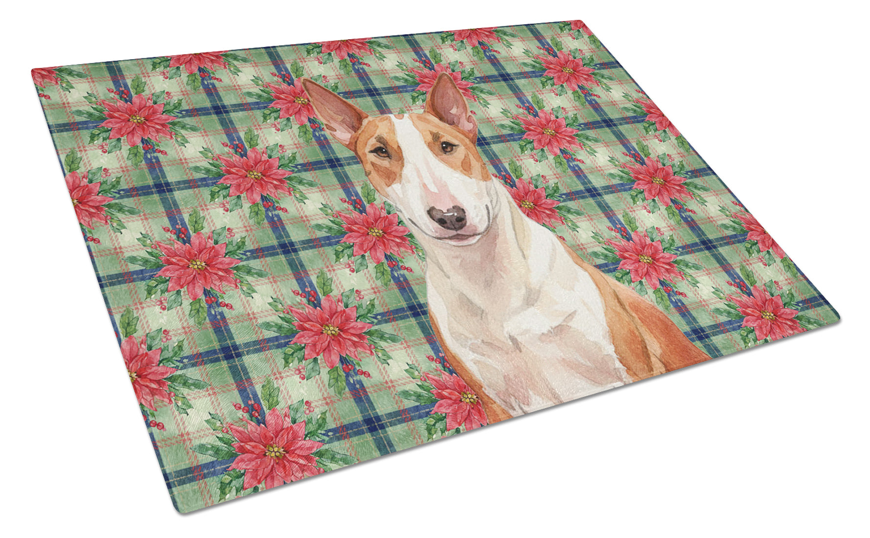 Red and White Bull Terrier Christmas PoinsettIas Cutting Board Tempered Glass Kitchen Cutting Surface, Heat Resistant Chopping, Non-Slip Feet, Food Prep & Serving