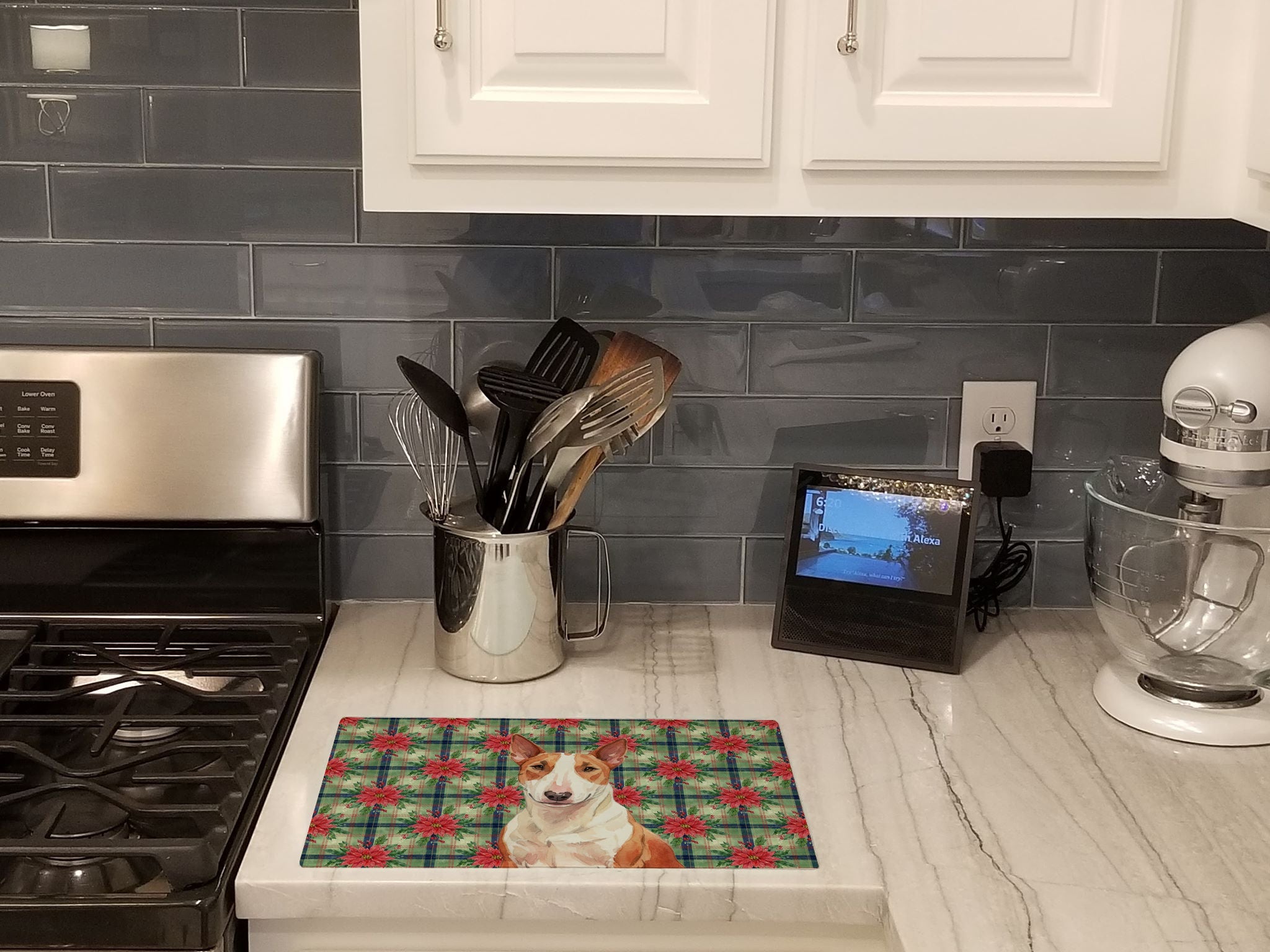 Red and White Bull Terrier Christmas PoinsettIas Cutting Board Tempered Glass Kitchen Cutting Surface, Heat Resistant Chopping, Non-Slip Feet, Food Prep & Serving