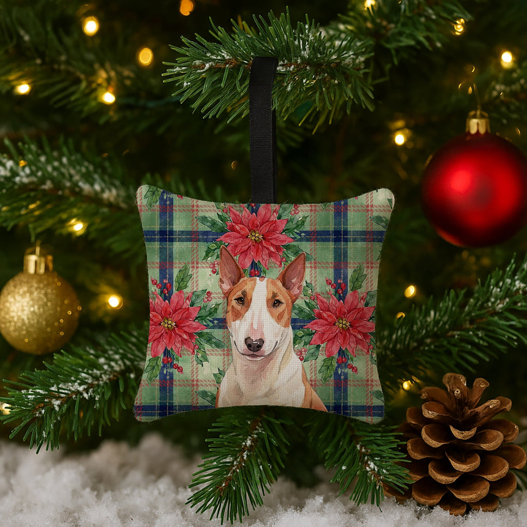 Red and White Bull Terrier Christmas PoinsettIas Hanging Square Fabric Ornament 3.5 � 3.5 Decorative Door-Knob & Tree Hanger, Soft Fabric