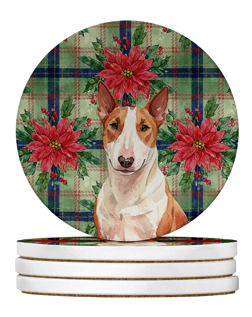 Red and White Bull Terrier Christmas PoinsettIas Large Sandstone Coasters Pack of 4 Absorbent Round Coasters Decor Gifts for Men or Women, 4 in, Multicolor