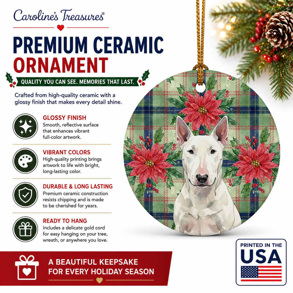 White Bull Terrier Christmas PoinsettIas Ceramic Ornament Christmas Tree Hanging Decorations for Home Christmas Holiday, Party, Gift, 3 in, Multicolor