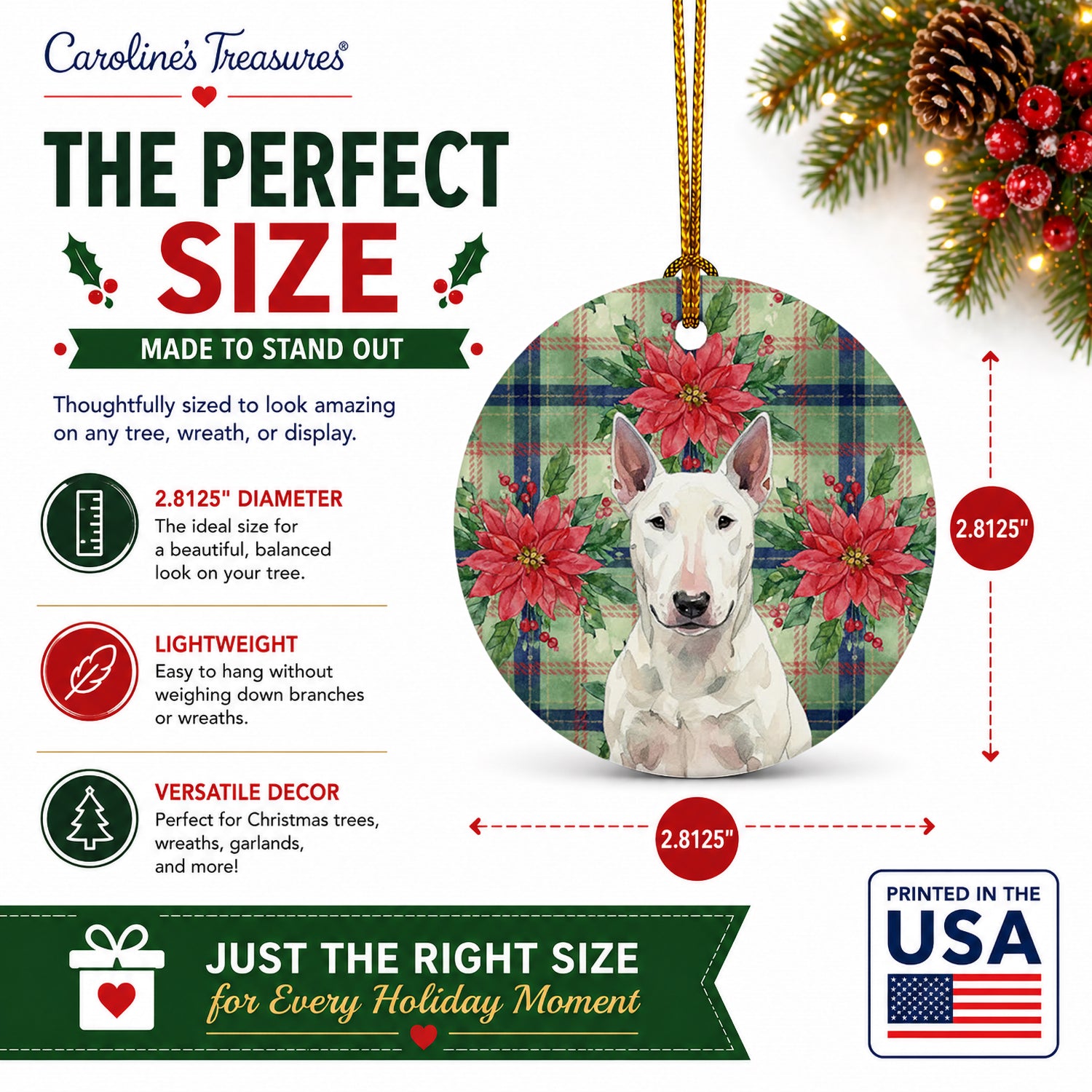 White Bull Terrier Christmas PoinsettIas Ceramic Ornament Christmas Tree Hanging Decorations for Home Christmas Holiday, Party, Gift, 3 in, Multicolor
