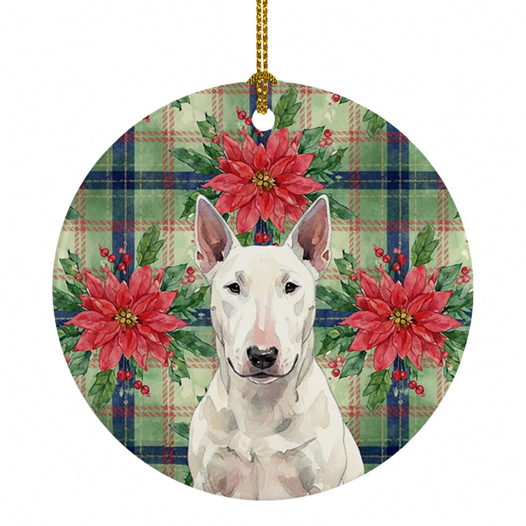White Bull Terrier Christmas PoinsettIas Ceramic Ornament Christmas Tree Hanging Decorations for Home Christmas Holiday, Party, Gift, 3 in, Multicolor
