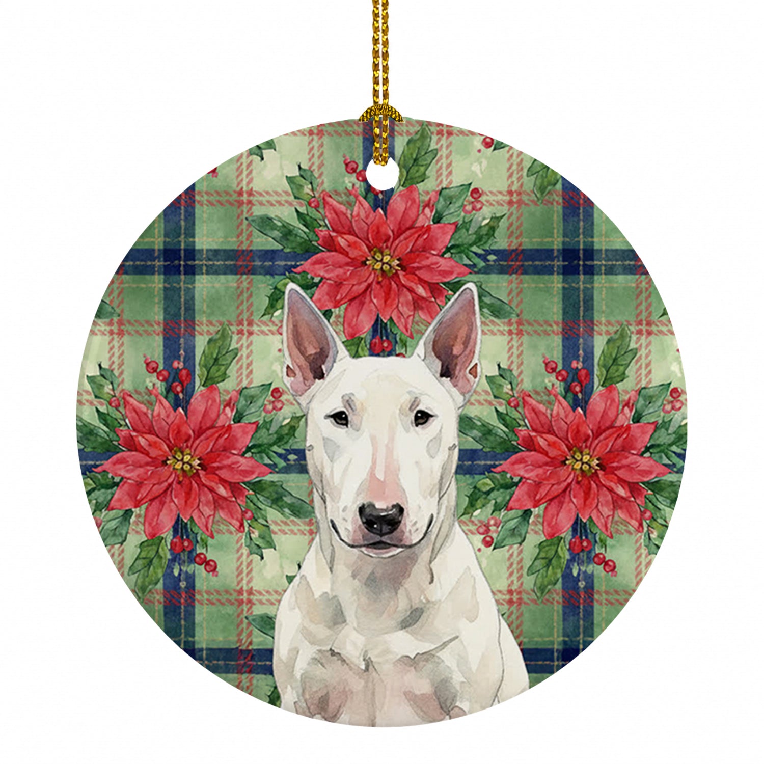 White Bull Terrier Christmas PoinsettIas Ceramic Ornament Christmas Tree Hanging Decorations for Home Christmas Holiday, Party, Gift, 3 in, Multicolor