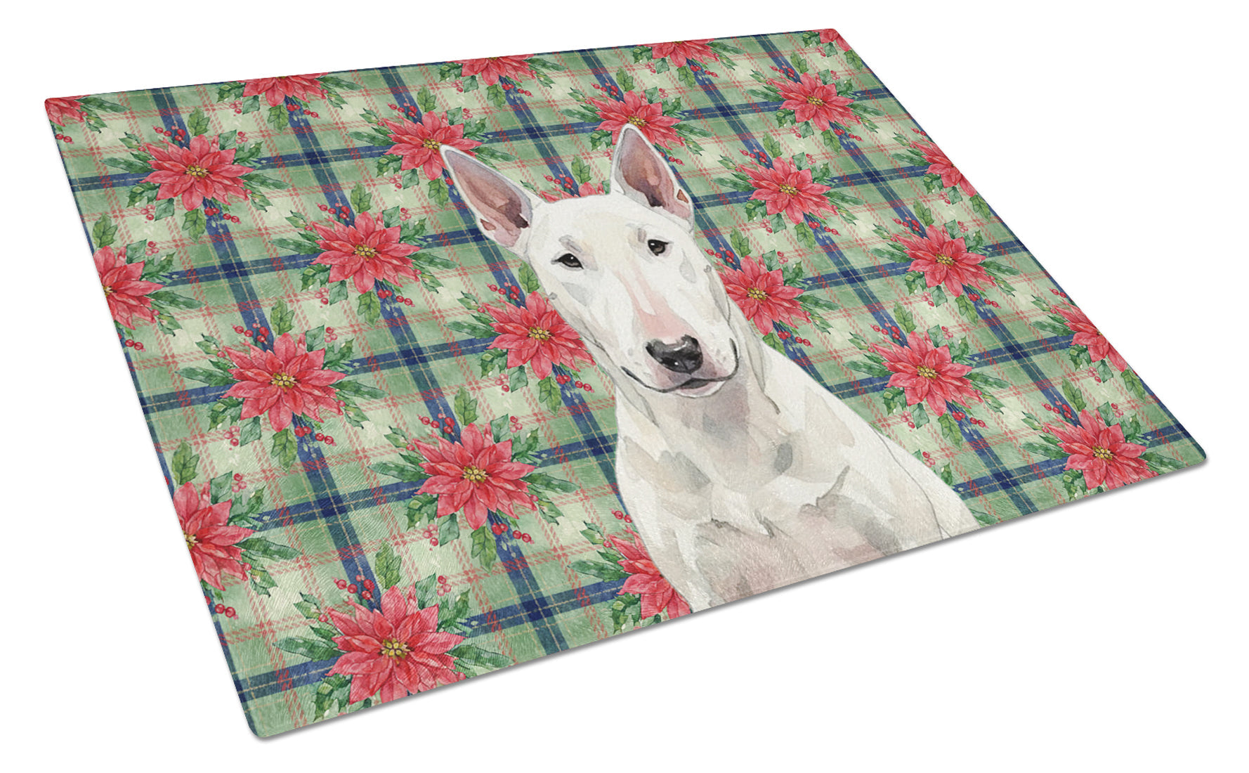 White Bull Terrier Christmas PoinsettIas Cutting Board Tempered Glass Kitchen Cutting Surface, Heat Resistant Chopping, Non-Slip Feet, Food Prep & Serving