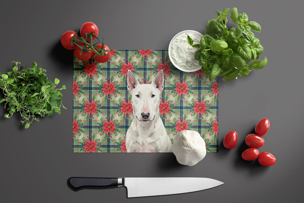 White Bull Terrier Christmas PoinsettIas Cutting Board Tempered Glass Kitchen Cutting Surface, Heat Resistant Chopping, Non-Slip Feet, Food Prep & Serving
