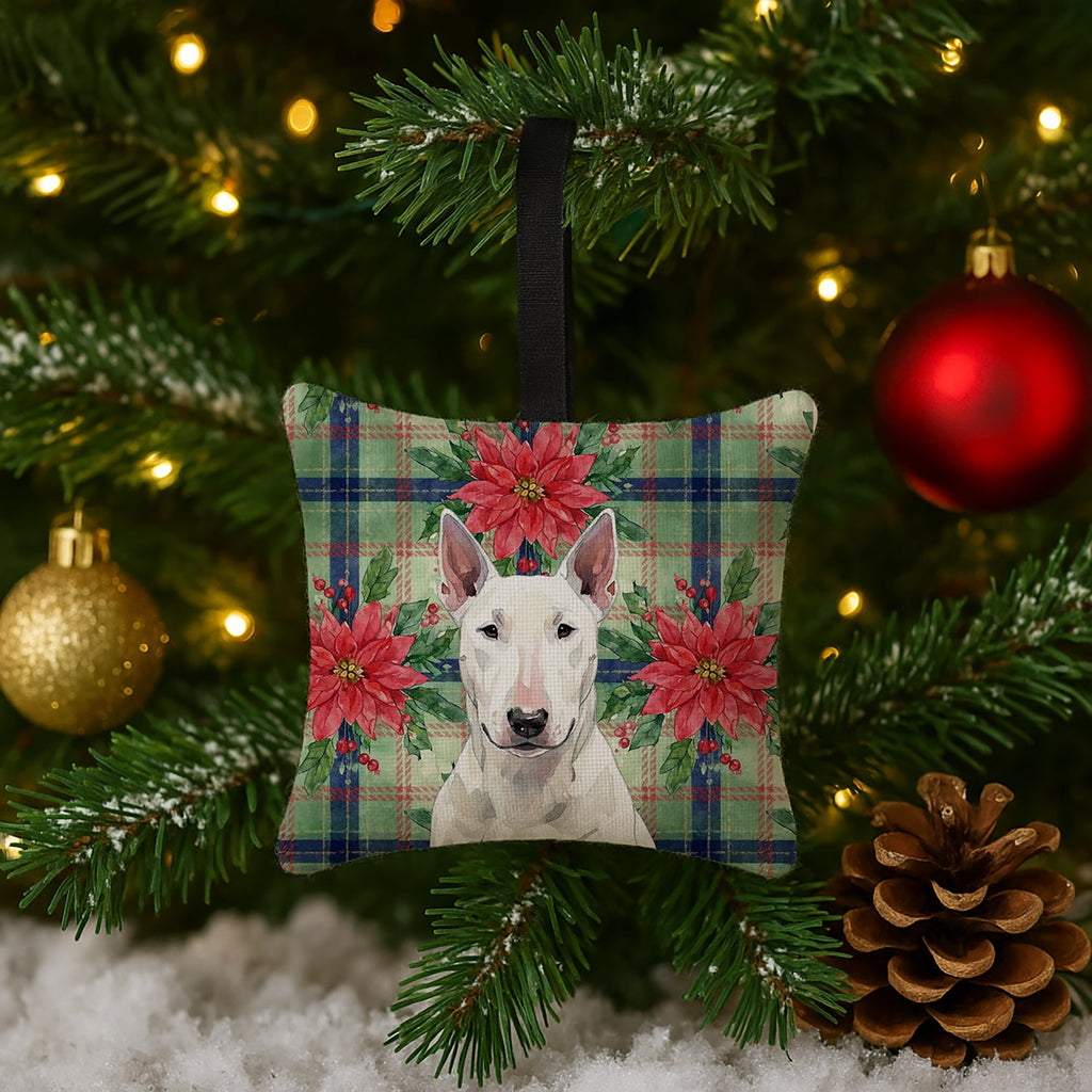 White Bull Terrier Christmas PoinsettIas Hanging Square Fabric Ornament 3.5 � 3.5 Decorative Door-Knob & Tree Hanger, Soft Fabric