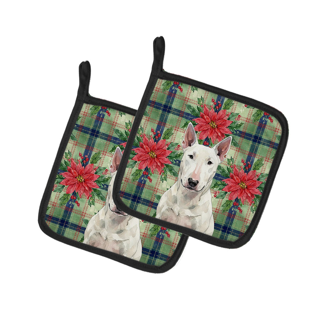 White Bull Terrier Christmas PoinsettIas Pot Holder Set of 2 Heat Resistant Quilted Hot Pads 7.5 x 7.5 Inch, Insulated Kitchen Trivets for Cooking & Baking