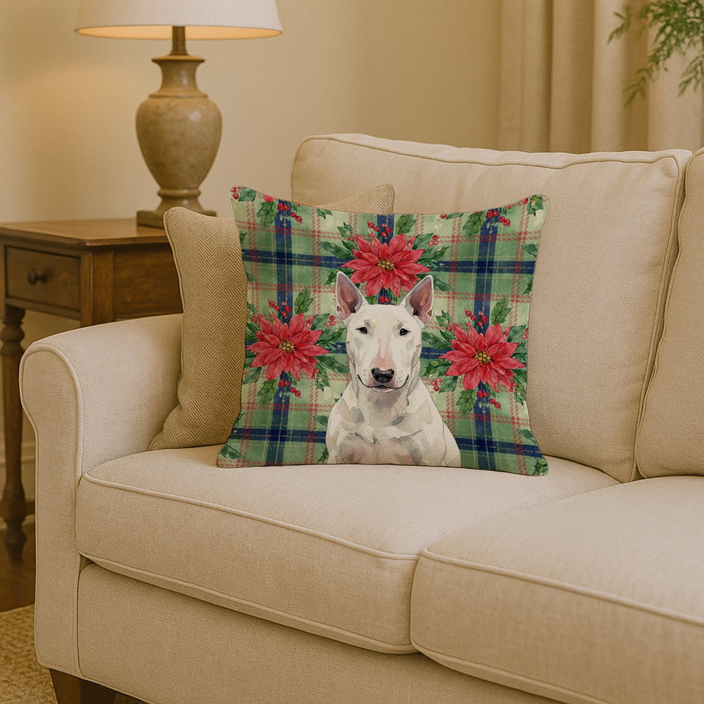 White Bull Terrier Christmas PoinsettIas Decorative Throw Pillow 14x14 Indoor Outdoor Accent Cushion, Fabric Cover with Insert for Sofa, Bed, Porch & Living Room