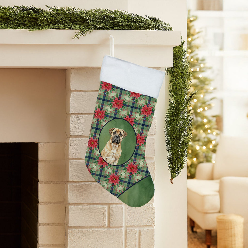 Bullmastiff Christmas PoinsettIas Holiday Stocking Double-Sided Print, Polyester Suede,11x18, Made in USA