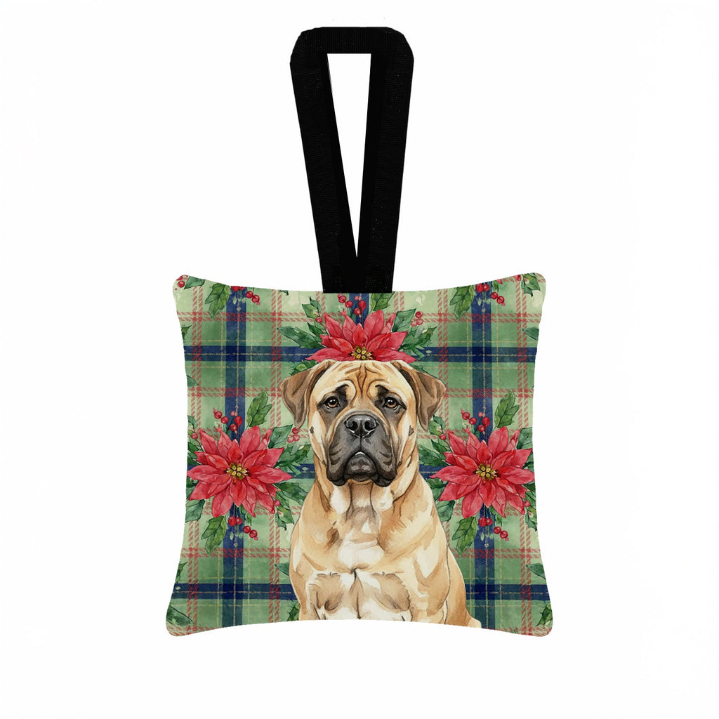 Bullmastiff Christmas PoinsettIas Hanging Square Fabric Ornament 3.5 � 3.5 Decorative Door-Knob & Tree Hanger, Soft Fabric
