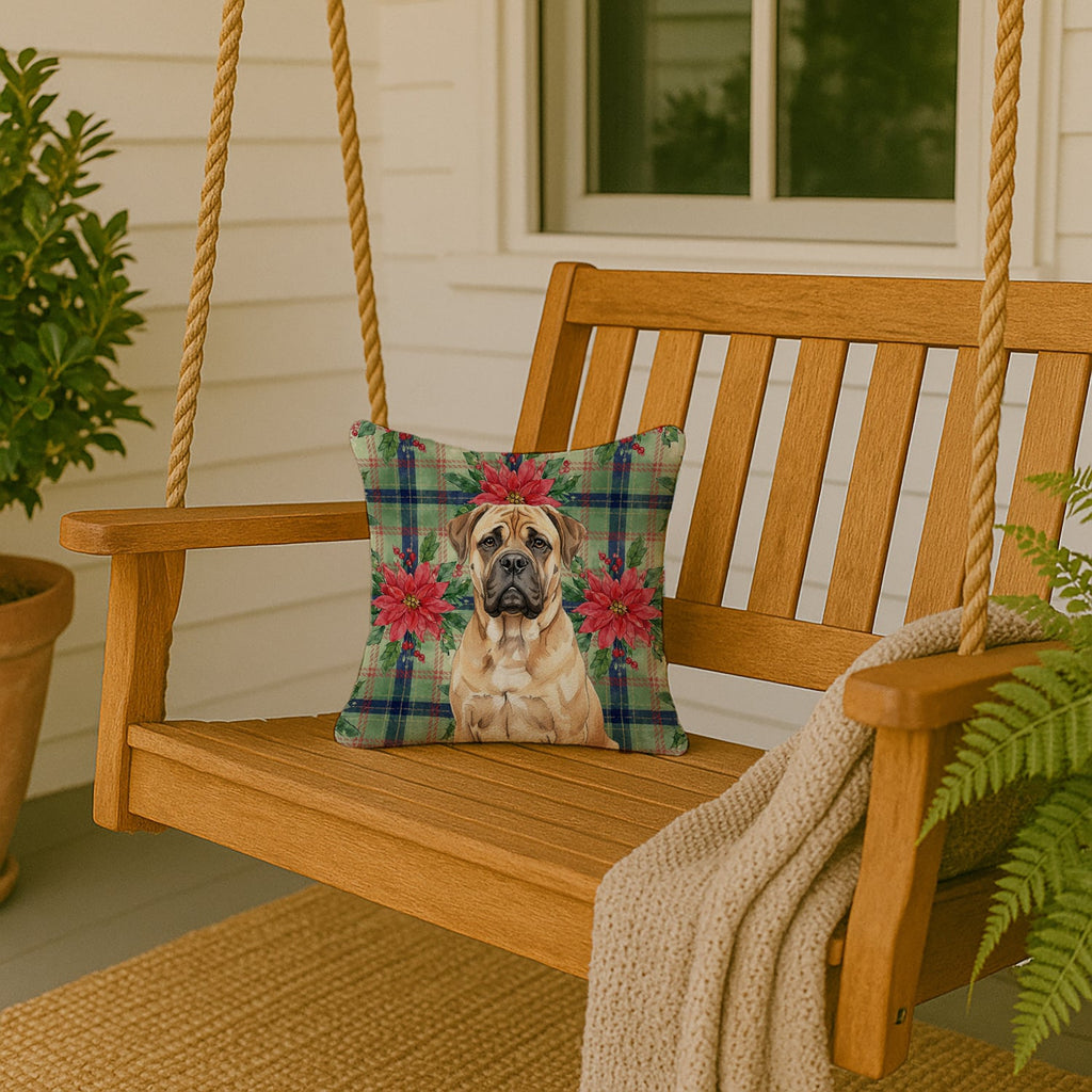 Bullmastiff Christmas PoinsettIas Decorative Throw Pillow 14x14 Indoor Outdoor Accent Cushion, Fabric Cover with Insert for Sofa, Bed, Porch & Living Room