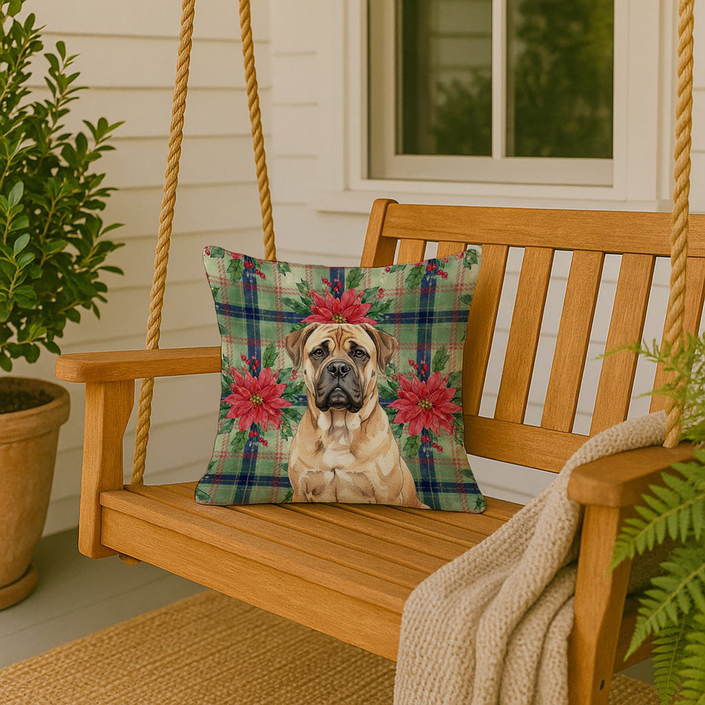 Bullmastiff Christmas PoinsettIas Decorative Throw Pillow 18x18 Indoor Outdoor Accent Cushion, Fabric Cover with Insert for Sofa, Bed, Porch & Living Room