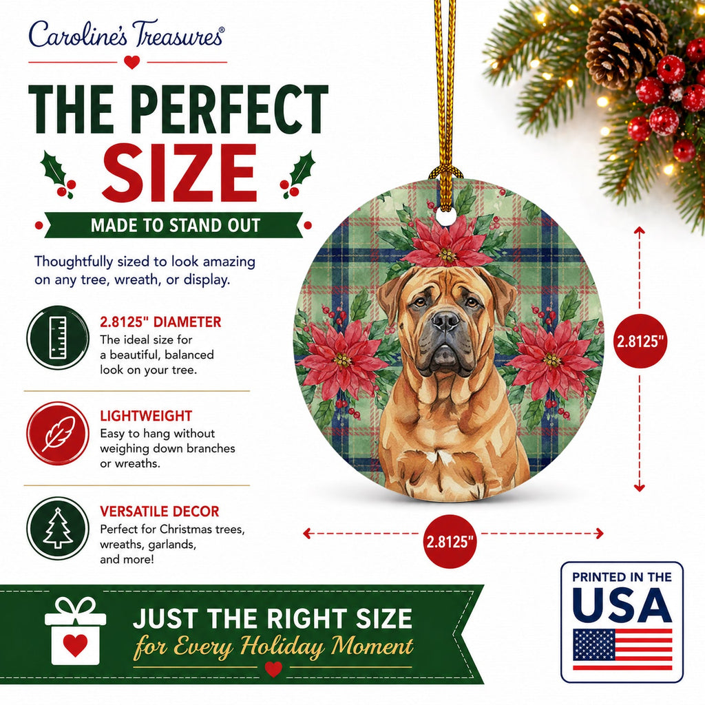 Red Bullmastiff Christmas PoinsettIas Ceramic Ornament Christmas Tree Hanging Decorations for Home Christmas Holiday, Party, Gift, 3 in, Multicolor