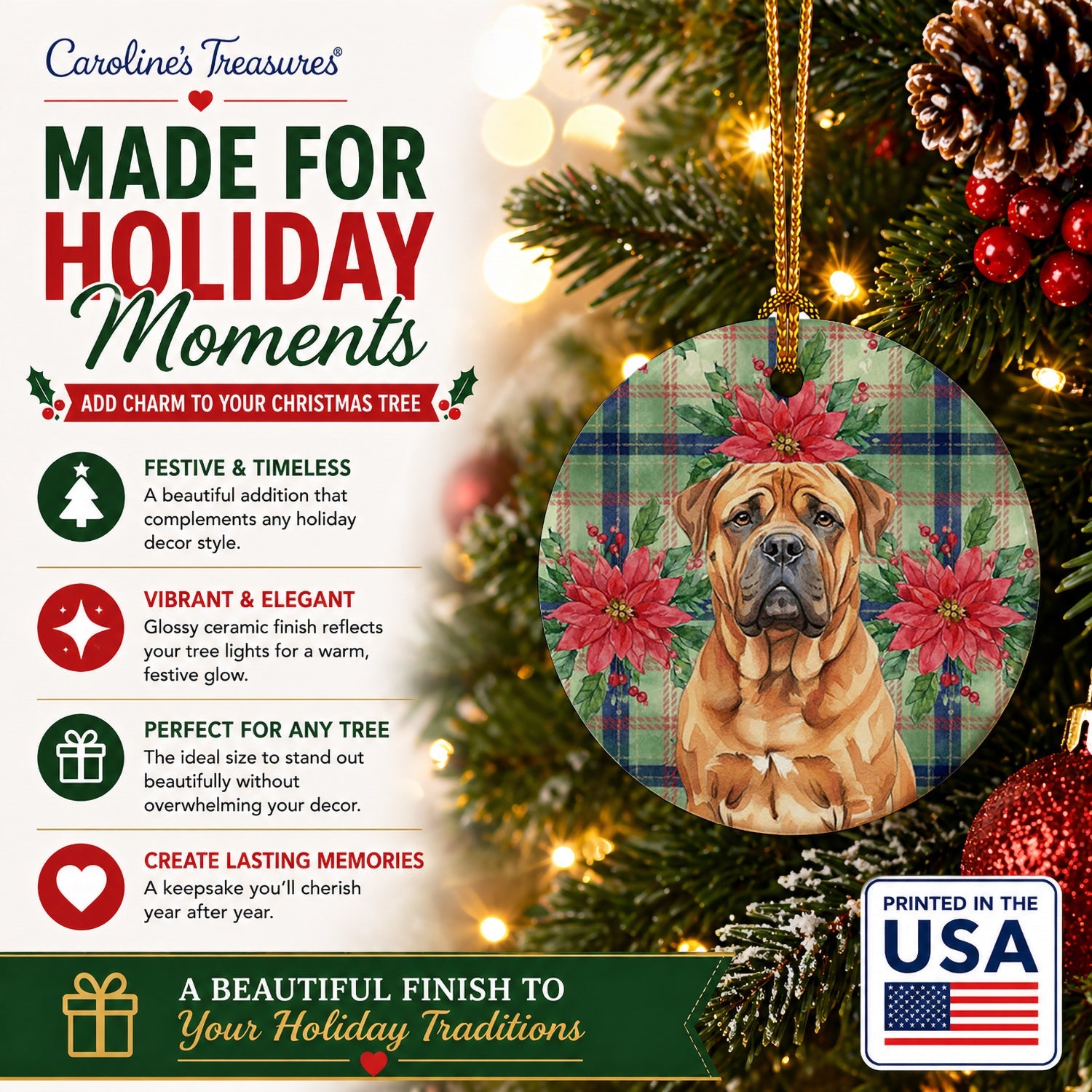 Red Bullmastiff Christmas PoinsettIas Ceramic Ornament Christmas Tree Hanging Decorations for Home Christmas Holiday, Party, Gift, 3 in, Multicolor