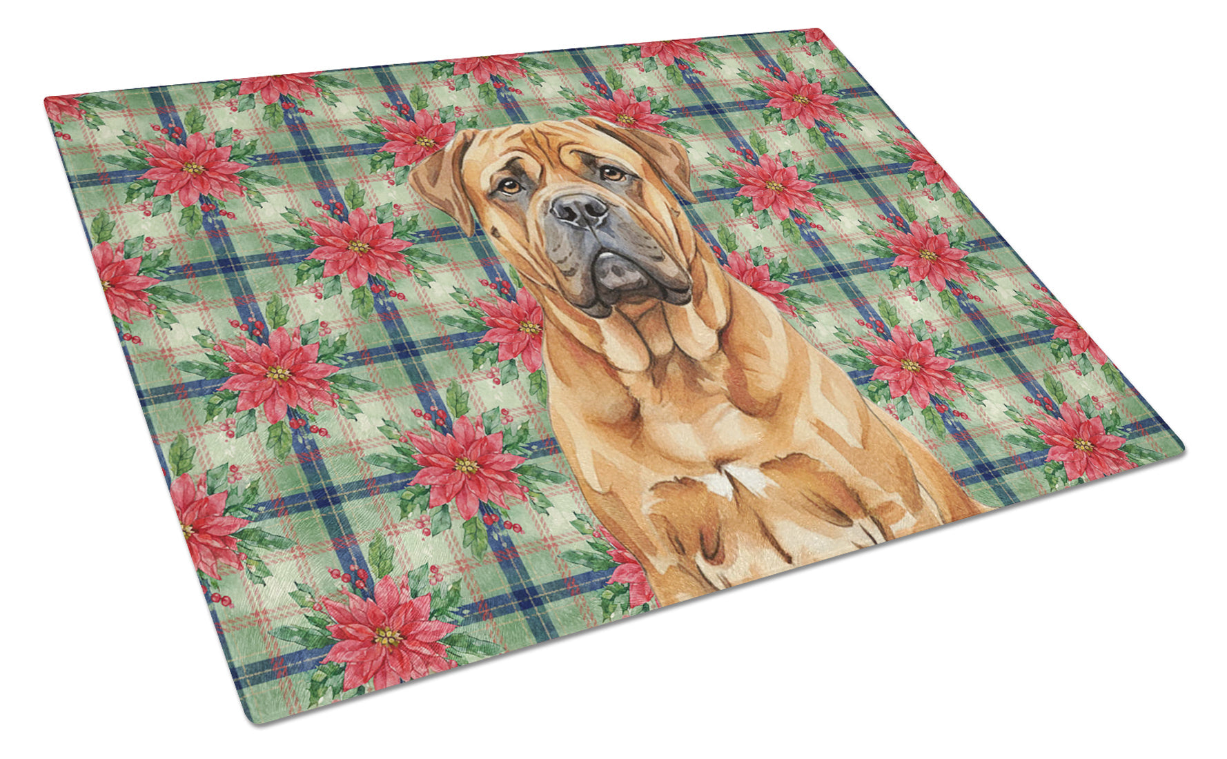 Red Bullmastiff Christmas PoinsettIas Cutting Board Tempered Glass Kitchen Cutting Surface, Heat Resistant Chopping, Non-Slip Feet, Food Prep & Serving