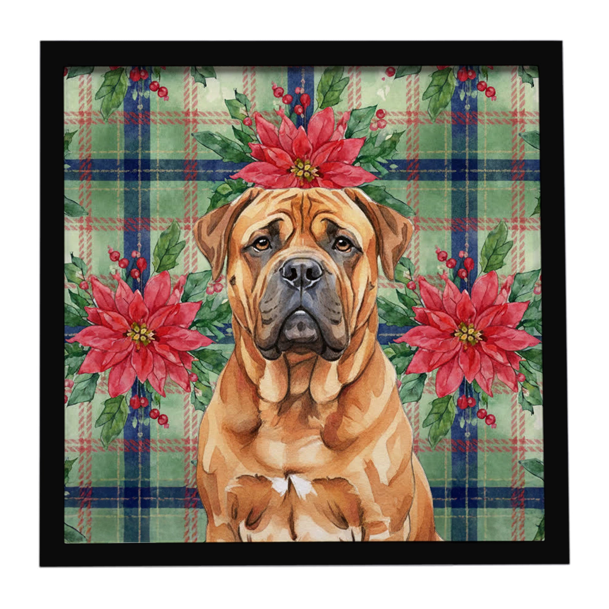 Red Bullmastiff Christmas PoinsettIas Framed Metal Print Bathroom, Kitchen, Office, Home Decor Wall Art Ready to Hang, Square, 8X8