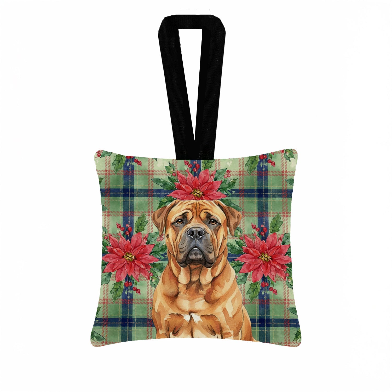 Red Bullmastiff Christmas PoinsettIas Hanging Square Fabric Ornament 3.5 � 3.5 Decorative Door-Knob & Tree Hanger, Soft Fabric