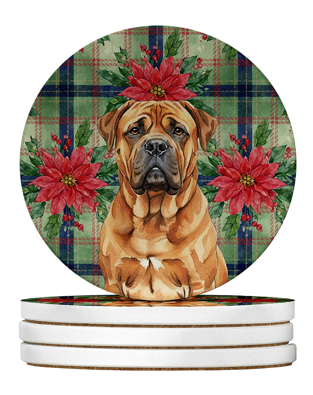 Red Bullmastiff Christmas PoinsettIas Large Sandstone Coasters Pack of 4 Absorbent Round Coasters Decor Gifts for Men or Women, 4 in, Multicolor