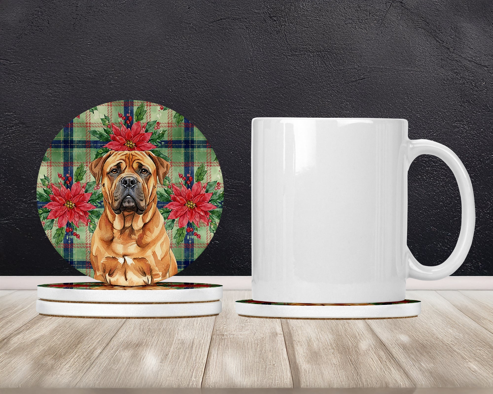 Red Bullmastiff Christmas PoinsettIas Large Sandstone Coasters Pack of 4 Absorbent Round Coasters Decor Gifts for Men or Women, 4 in, Multicolor