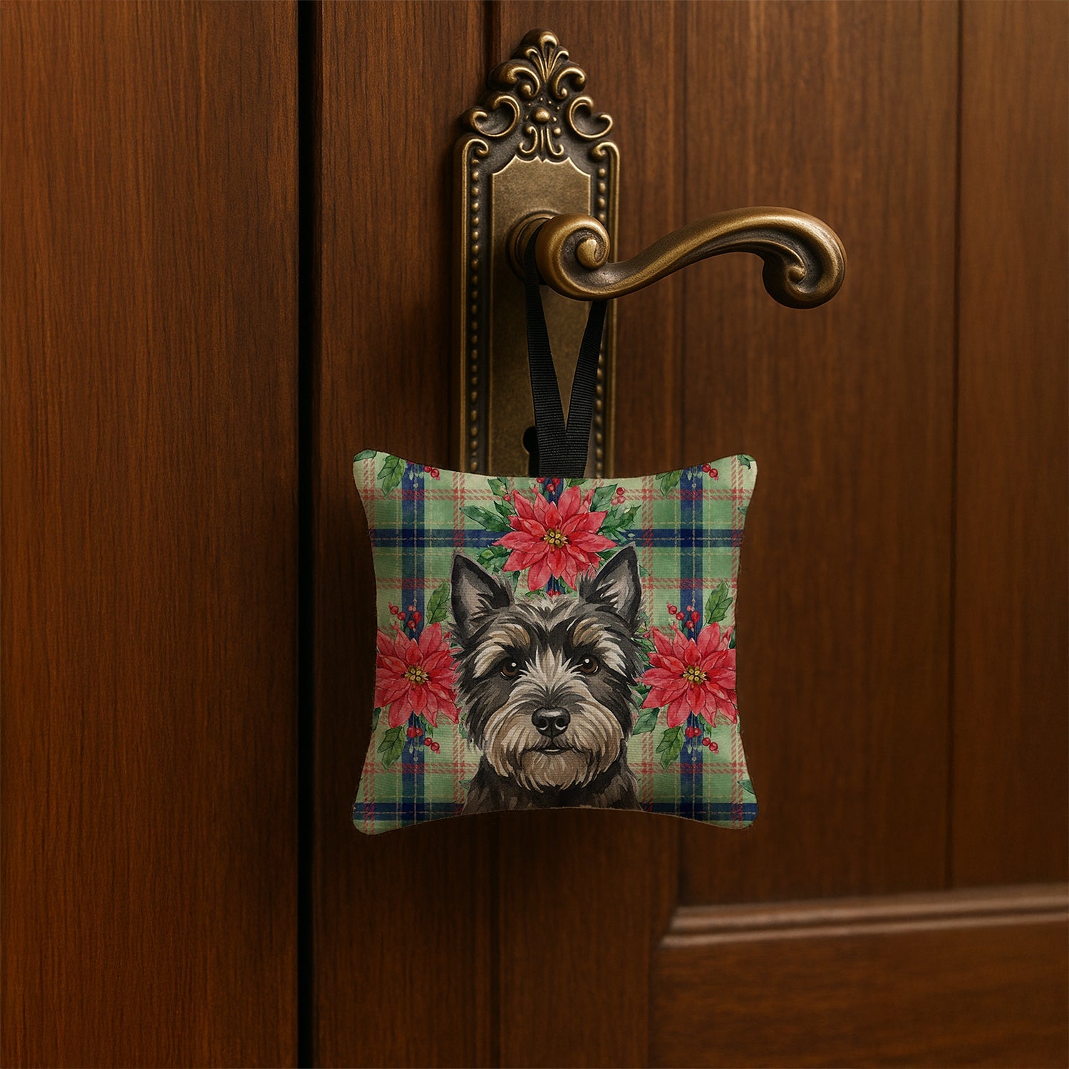 Black Cairn Terrier Christmas PoinsettIas Hanging Square Fabric Ornament 3.5 � 3.5 Decorative Door-Knob & Tree Hanger, Soft Fabric
