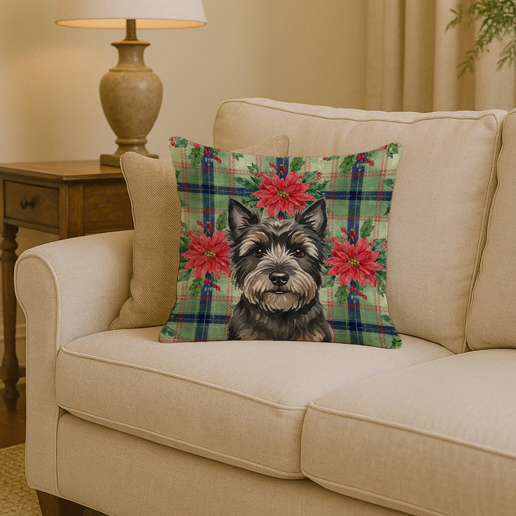 Black Cairn Terrier Christmas PoinsettIas Decorative Throw Pillow 14x14 Indoor Outdoor Accent Cushion, Fabric Cover with Insert for Sofa, Bed, Porch & Living Room