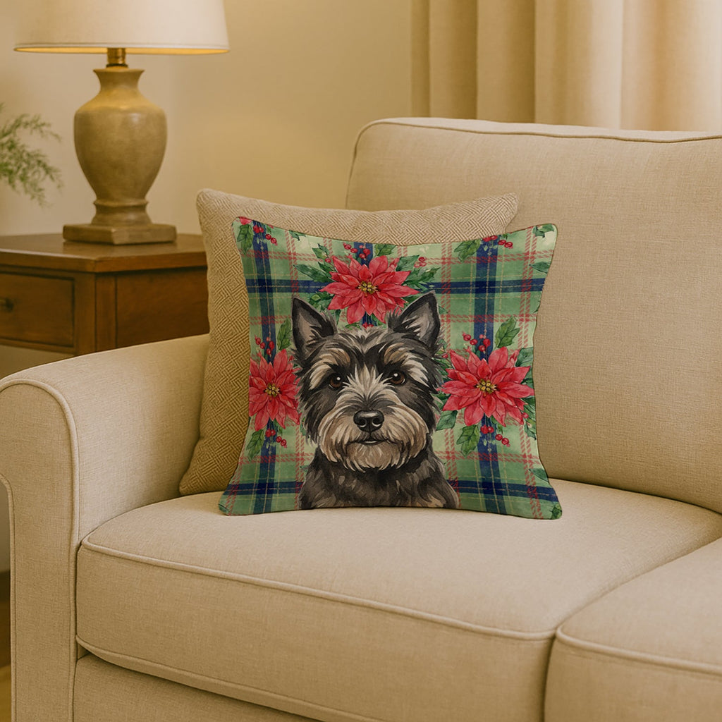 Black Cairn Terrier Christmas PoinsettIas Decorative Throw Pillow 18x18 Indoor Outdoor Accent Cushion, Fabric Cover with Insert for Sofa, Bed, Porch & Living Room