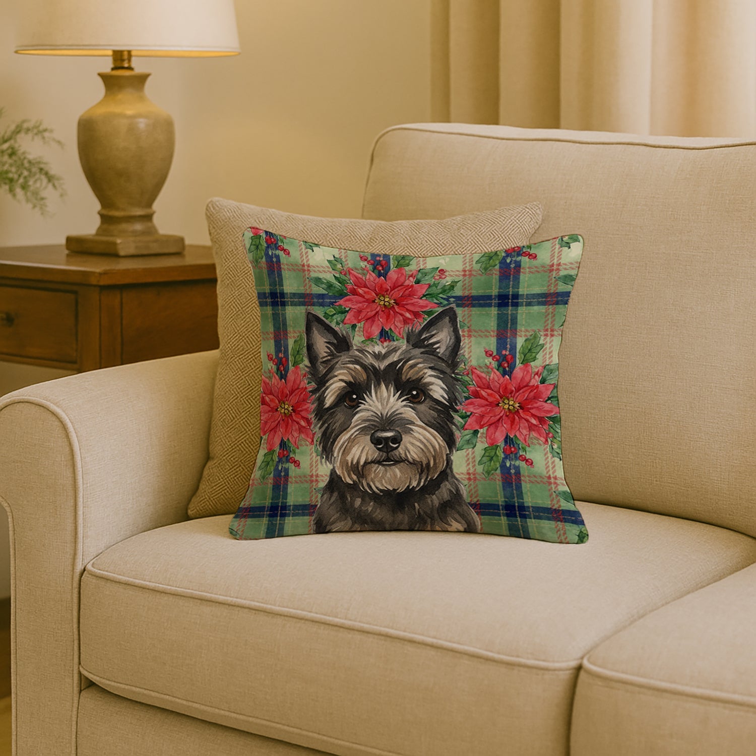 Black Cairn Terrier Christmas PoinsettIas Decorative Throw Pillow 18x18 Indoor Outdoor Accent Cushion, Fabric Cover with Insert for Sofa, Bed, Porch & Living Room