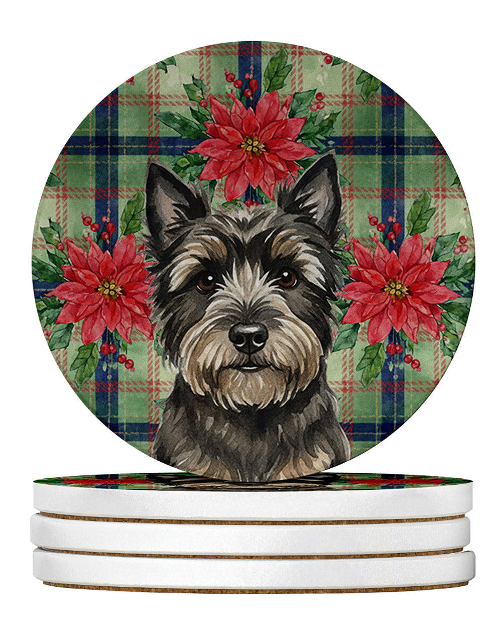 Black Cairn Terrier Christmas PoinsettIas Large Sandstone Coasters Pack of 4 Absorbent Round Coasters Decor Gifts for Men or Women, 4 in, Multicolor
