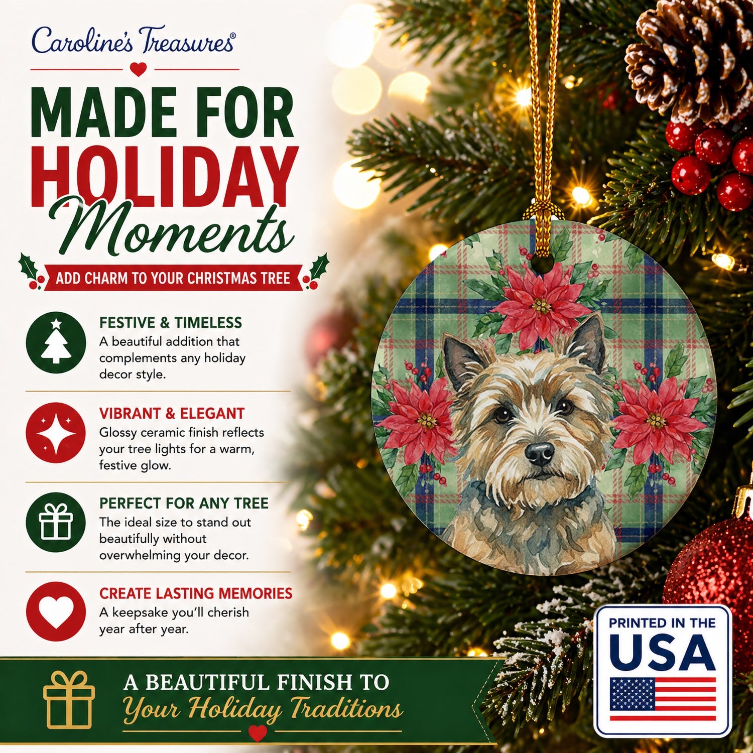 Cairn Terrier Christmas PoinsettIas Ceramic Ornament Christmas Tree Hanging Decorations for Home Christmas Holiday, Party, Gift, 3 in, Multicolor