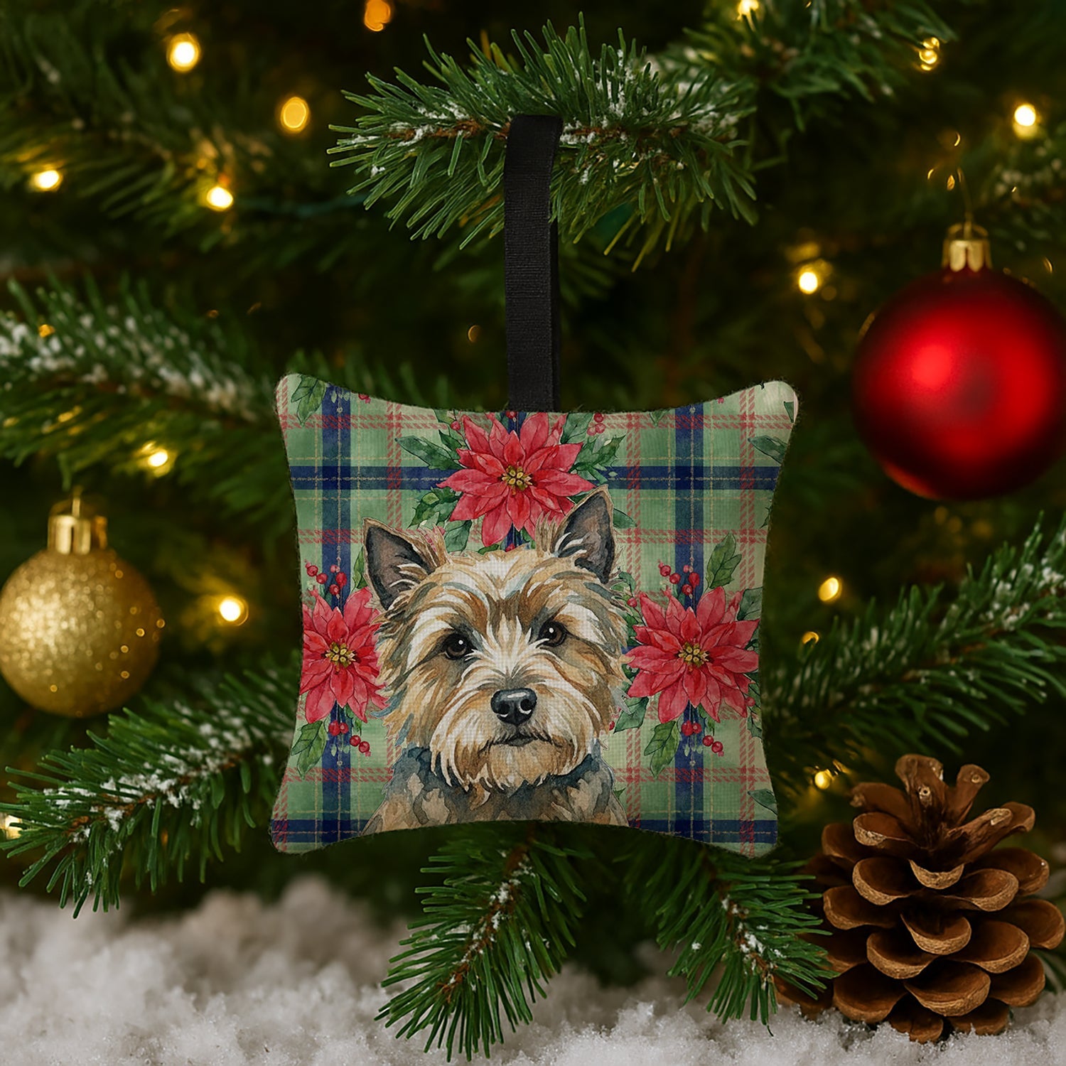 Cairn Terrier Christmas PoinsettIas Hanging Square Fabric Ornament 3.5 � 3.5 Decorative Door-Knob & Tree Hanger, Soft Fabric