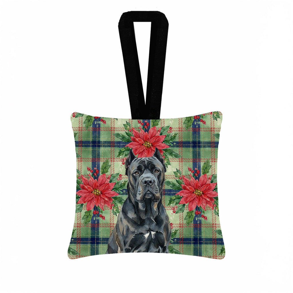 Cane Corso Christmas PoinsettIas Hanging Square Fabric Ornament 3.5 � 3.5 Decorative Door-Knob & Tree Hanger, Soft Fabric